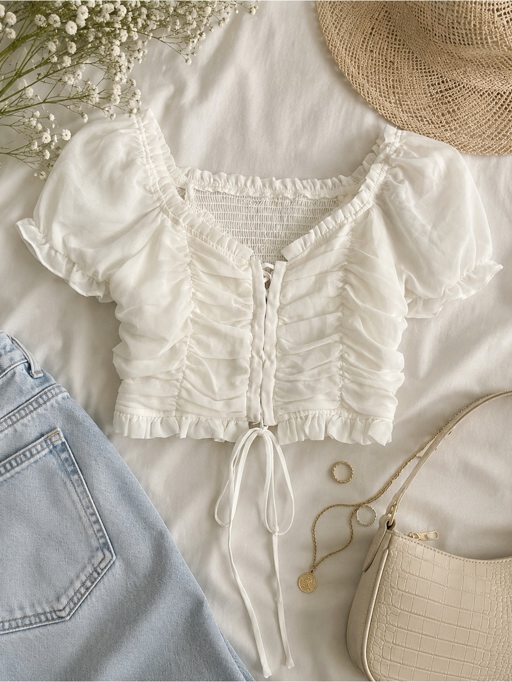 Active USA White Ruched Puff Sleeve Crop Top Size Small Cottagecore Boho